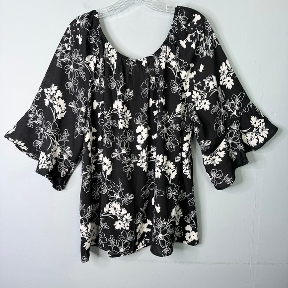 Torrid Floral 3/4 Length Bell Sleeve Gorgette Flowy Blouse Black White Sz 2X - Picture 12 of 12